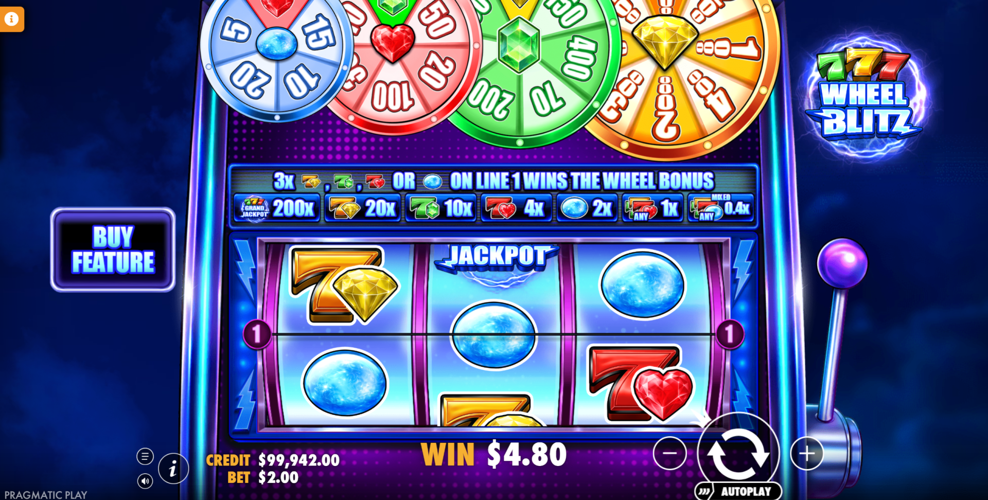 777 Wheel Blitz base game showing 3x3 reel grid with classic 7s and gemstone symbols