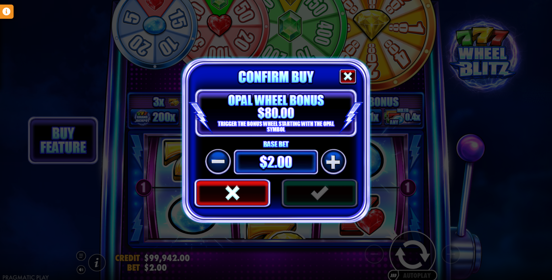 777 Wheel Blitz Buy Feature screen showing the Opal Wheel Bonus purchase option at 40x stake