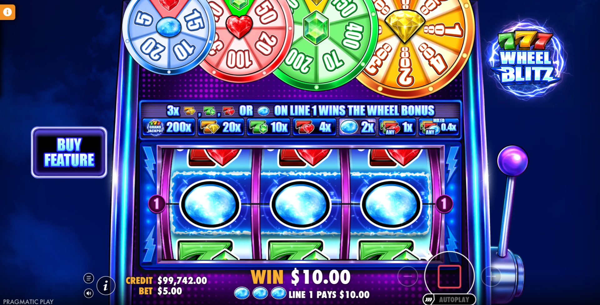 777 Wheel Blitz scatter symbols landing on line 1 to trigger the wheel bonus