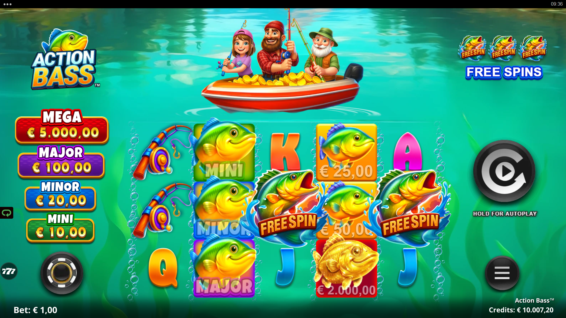 Action Bass base game play showing 5x3 reel grid with 10 fixed paylines