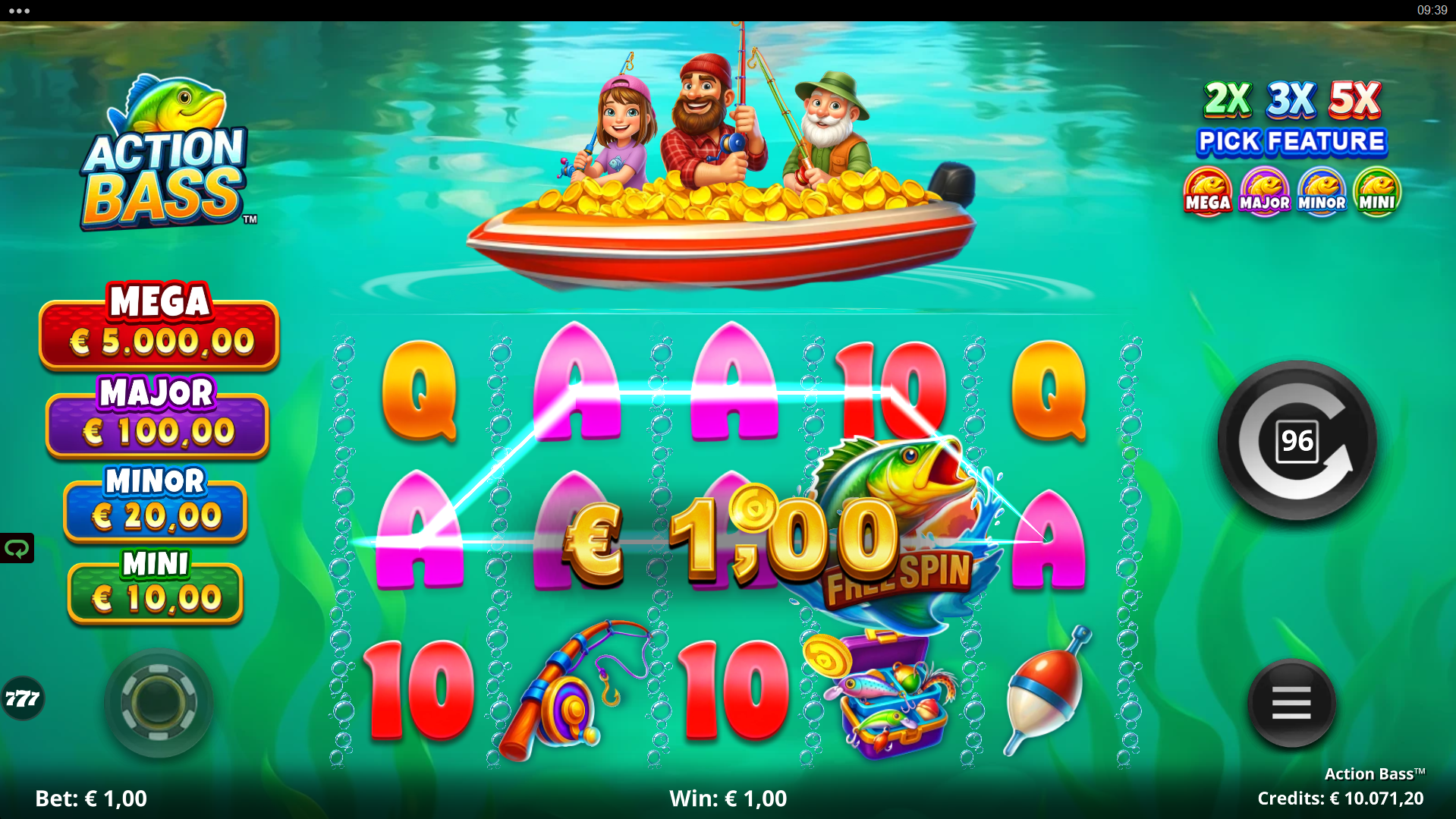 Action Bass payline display showing 10 fixed paylines