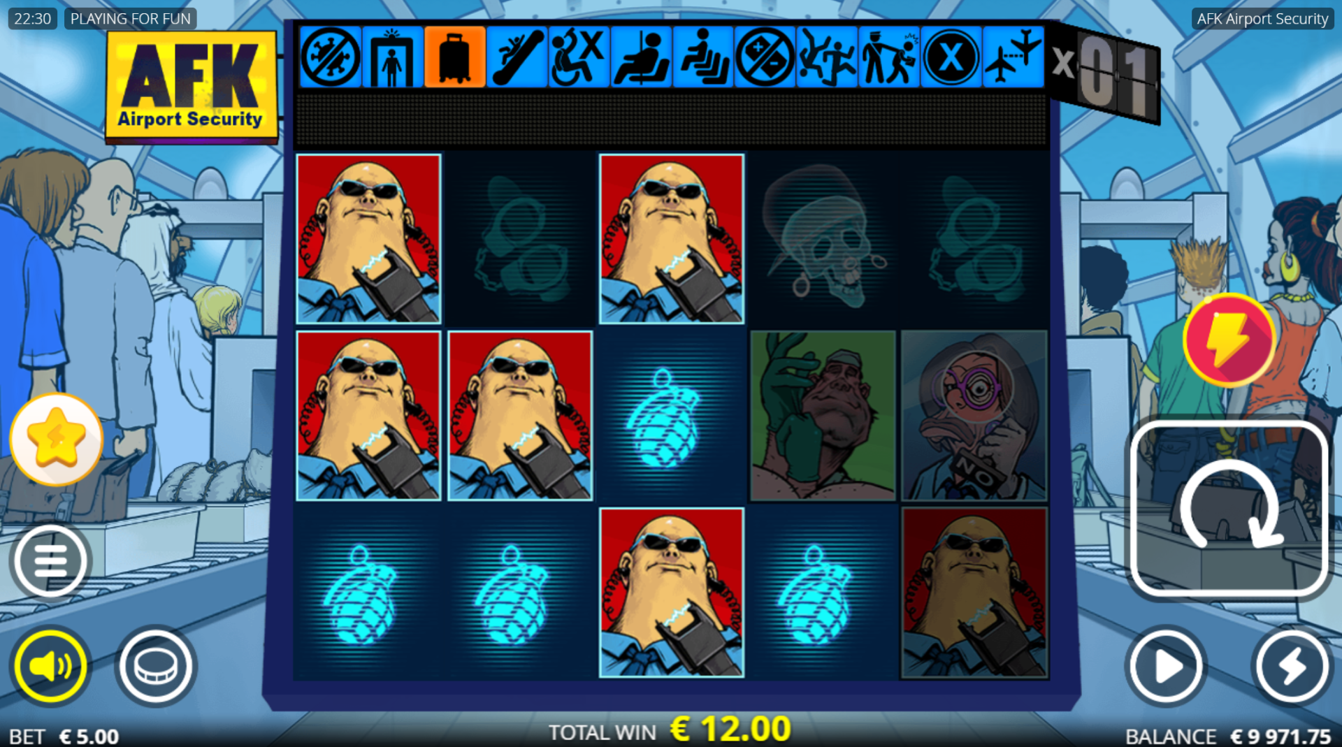 AFK Airport Security base game showing 5x3 reel layout with feature meter