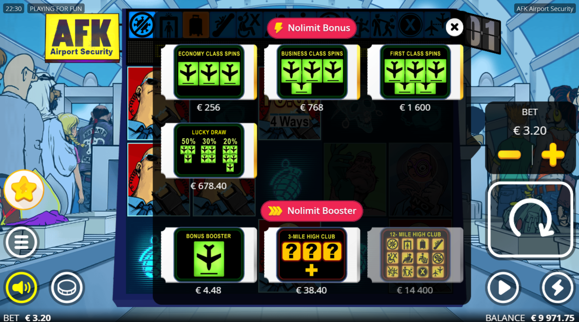 AFK Airport Security bonus buy options menu showing all purchase tiers