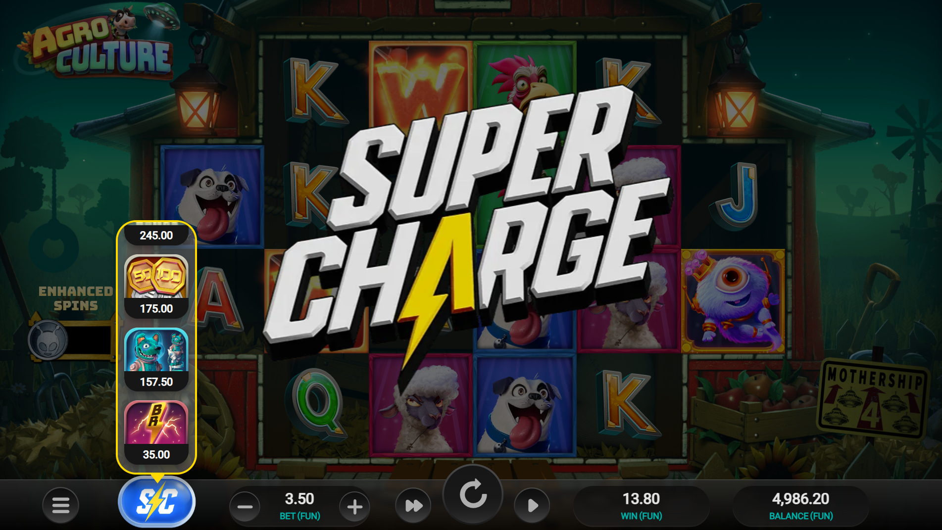 AgroCulture Supercharge bonus buy menu showing all five options from 10x to 150x stake