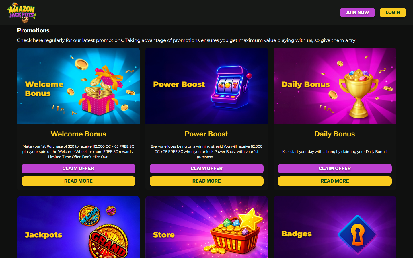 Amazon Jackpots promotions page showing Welcome Bonus, Power Boost, Daily Bonus and Jackpots coin offers
