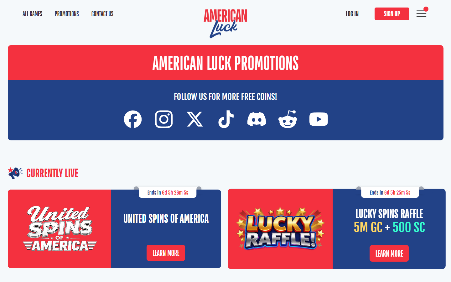 American Luck promotions page showing currently live sweepstakes offers including United Spins of America and the Lucky Spins Raffle