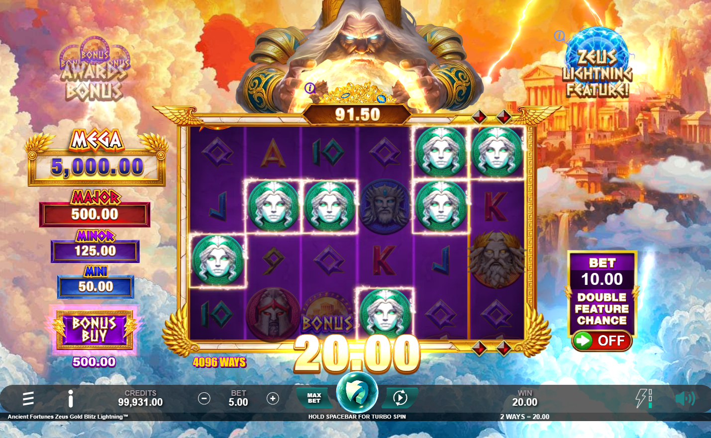Ancient Fortunes Zeus Gold Blitz Lightning base game showing the 6x4 grid with Greek mythology symbols