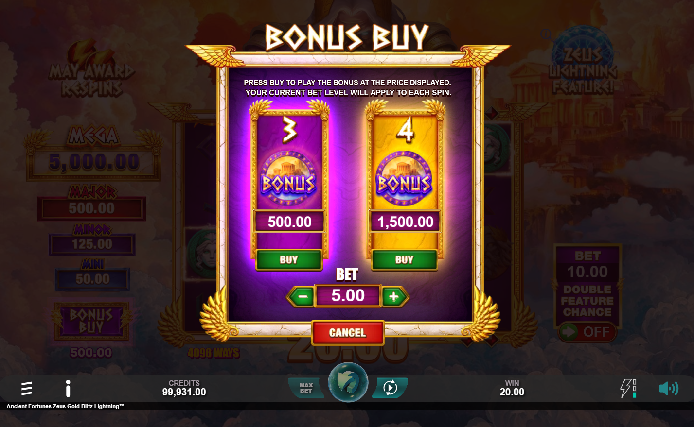 Ancient Fortunes Zeus Gold Blitz Lightning bonus buy options menu