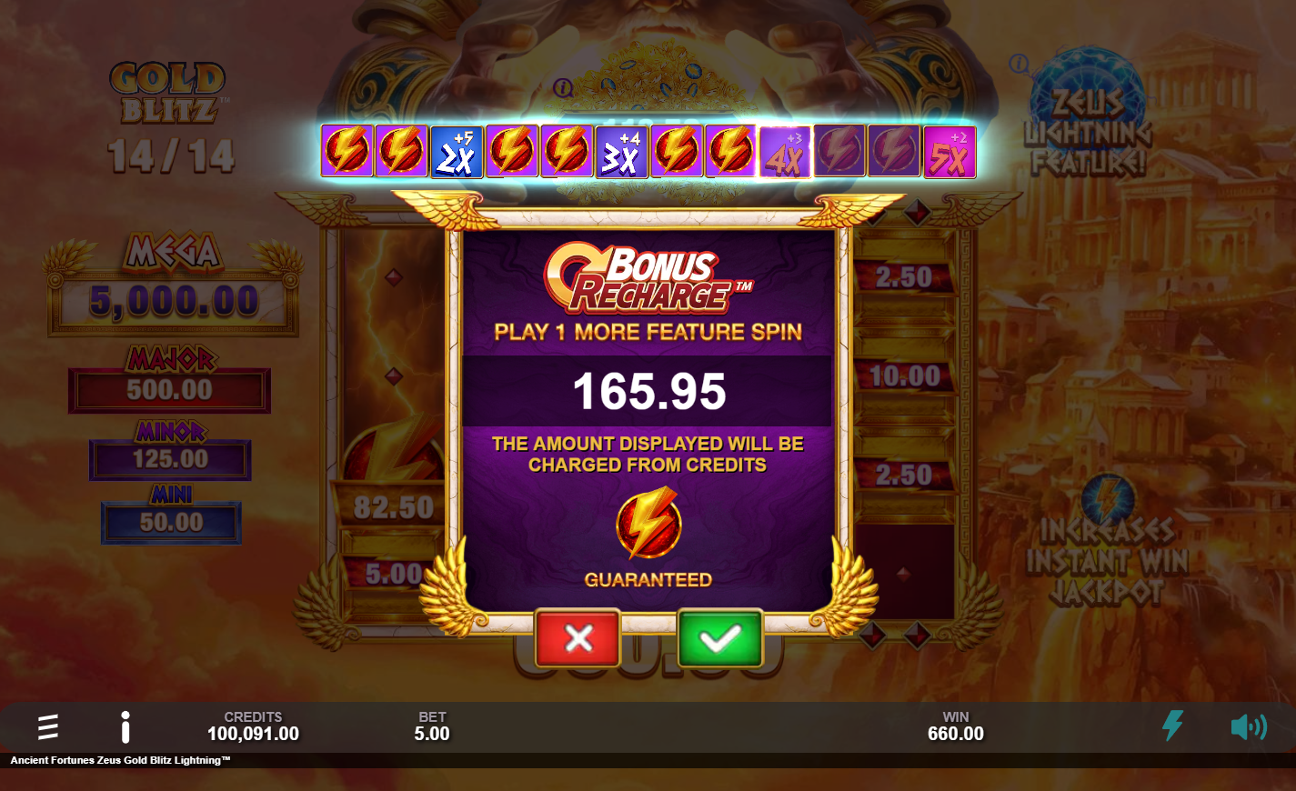 Ancient Fortunes Zeus Gold Blitz Lightning buy more spins option in Gold Blitz bonus
