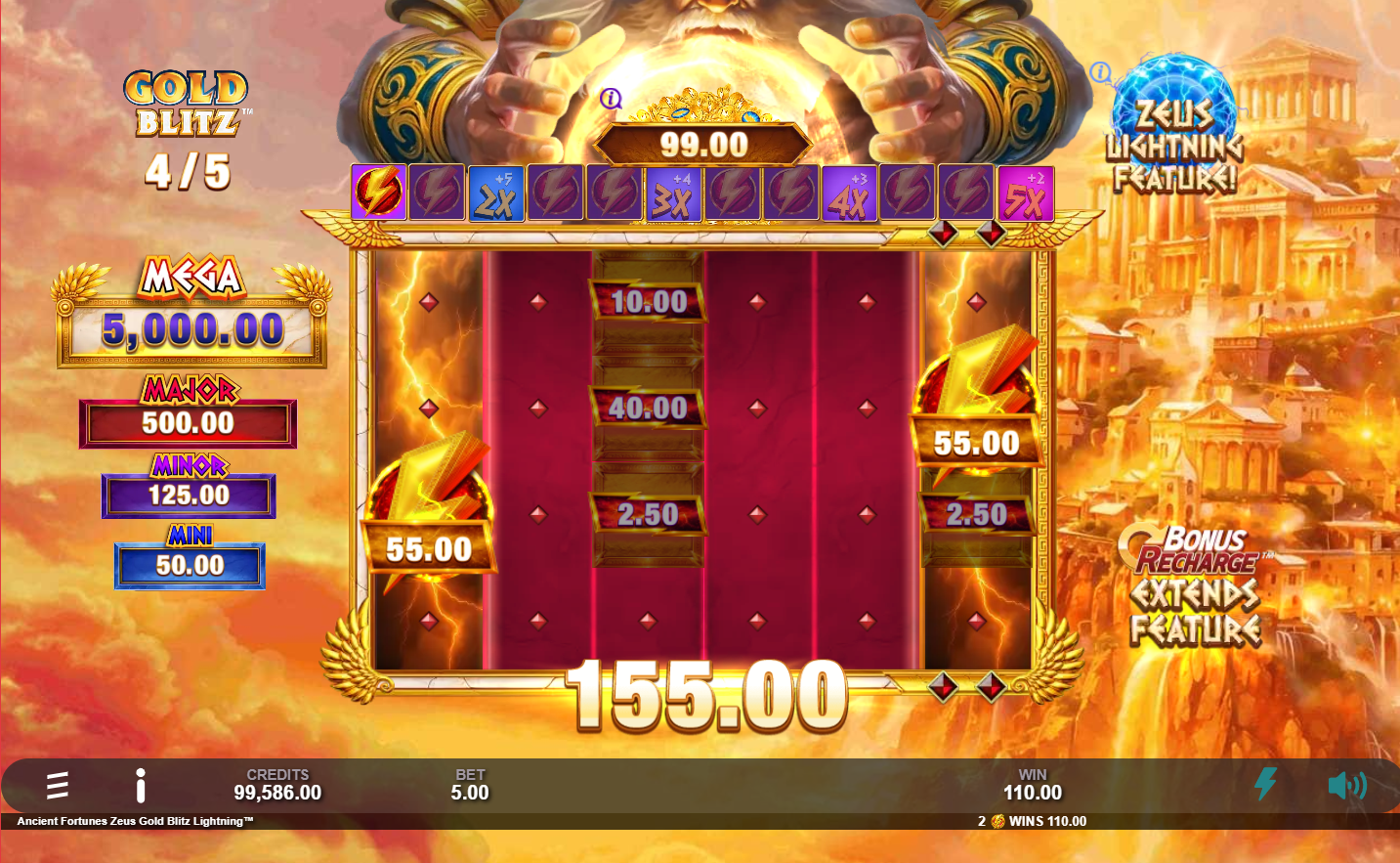 Ancient Fortunes Zeus Gold Blitz Lightning Gold Blitz bonus with Bonus Recharge option