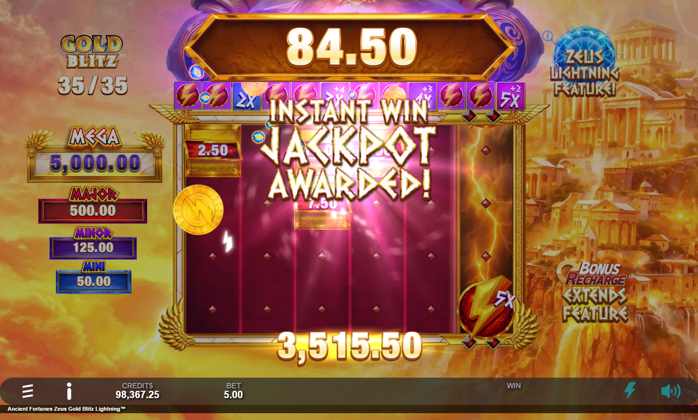 Ancient Fortunes Zeus Gold Blitz Lightning Rising Rewards instant win jackpot being awarded