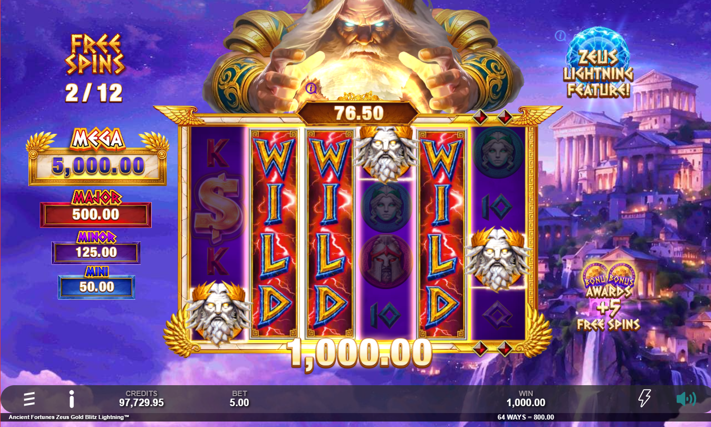 Ancient Fortunes Zeus Gold Blitz Lightning wild symbols expanding on the reels
