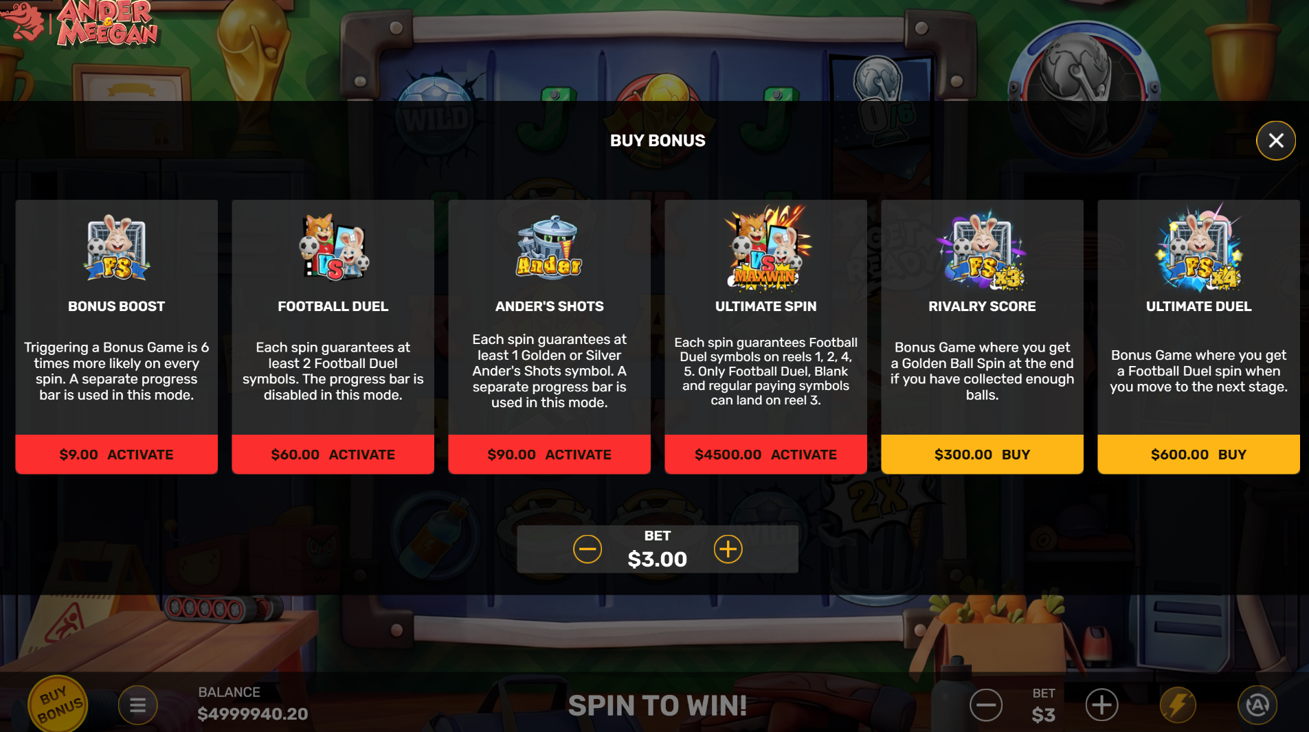 Ander & Meegan bonus buy options screen
