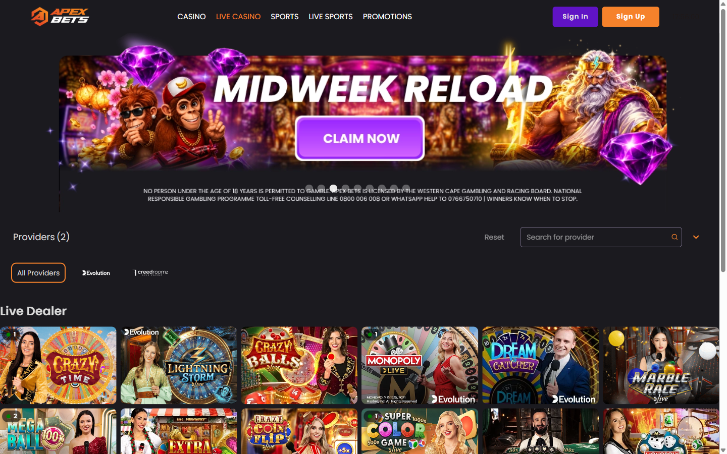 Apex Bets live casino lobby with Crazy Time, Monopoly Live and Dream Catcher live dealer tables
