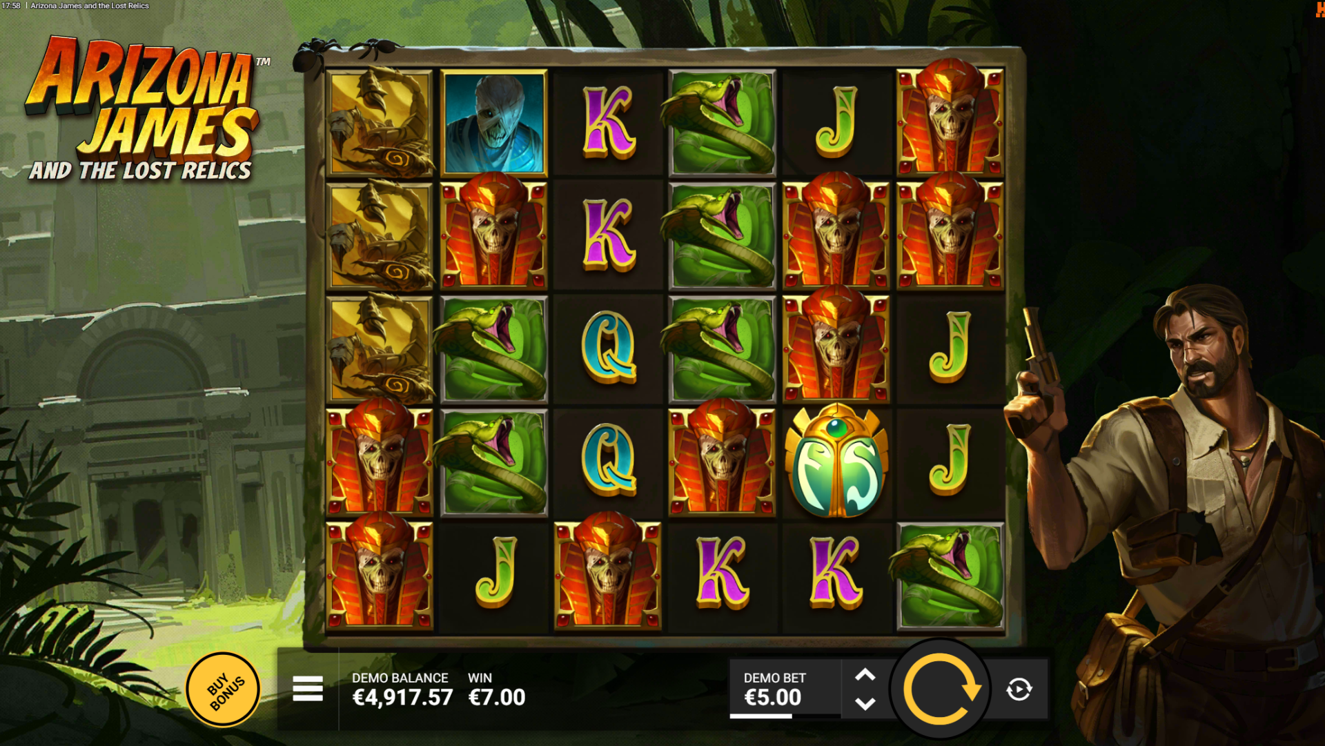 Arizona James and the Lost Relics base game - 6-reel cluster pays grid