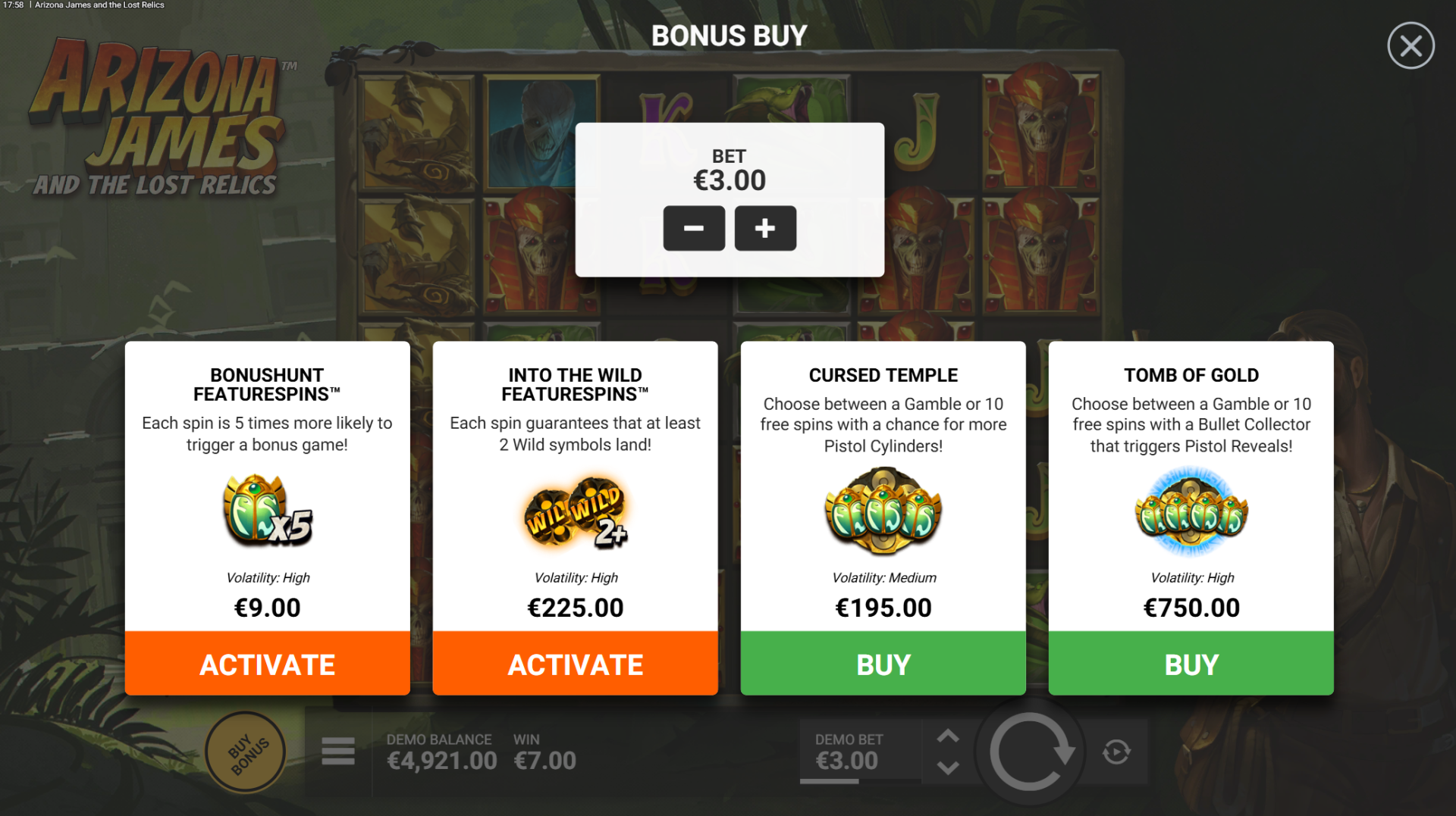 Bonus buy menu in Arizona James and the Lost Relics
