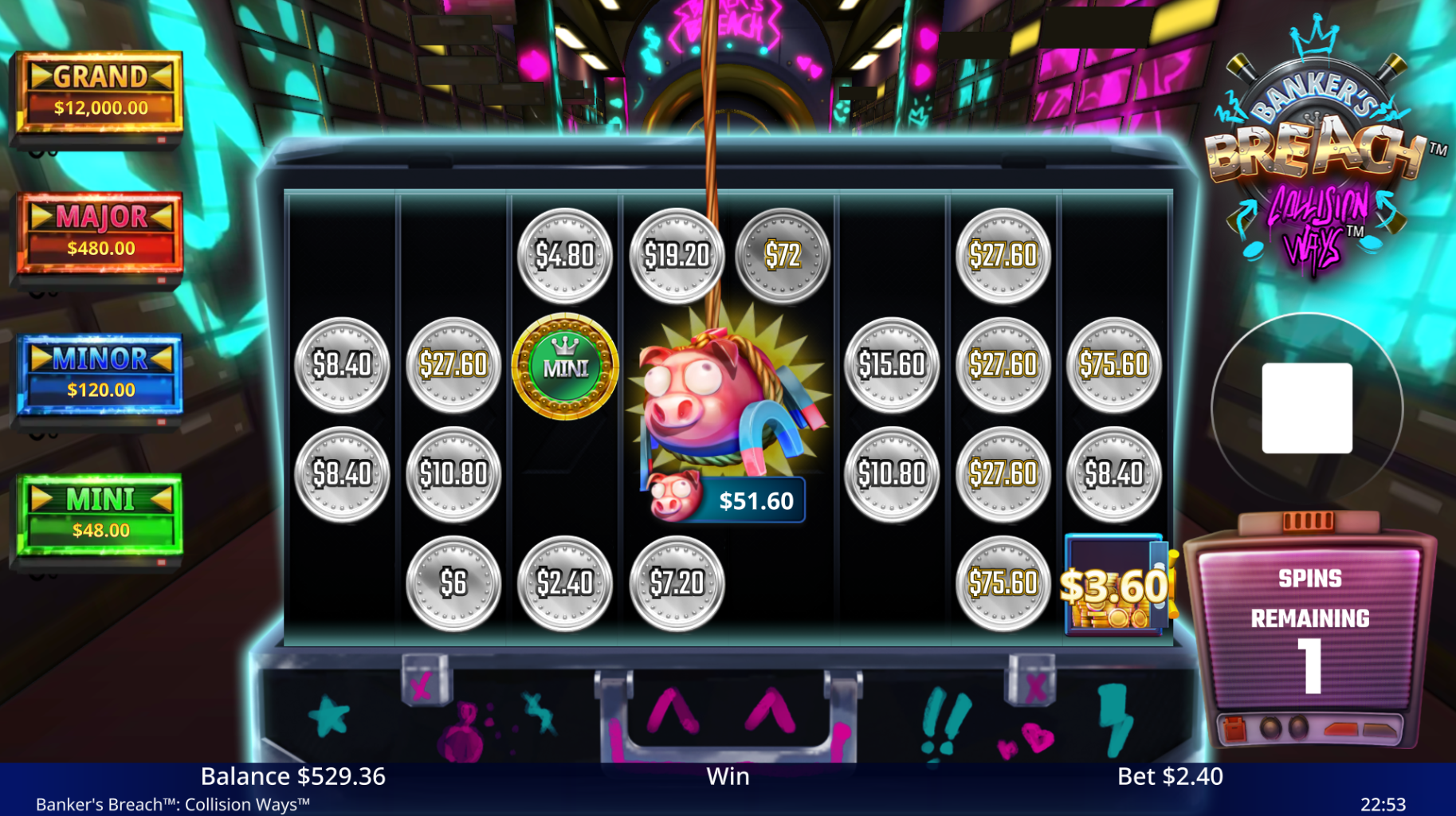 Banker's Breach Hold and Win bonus screen