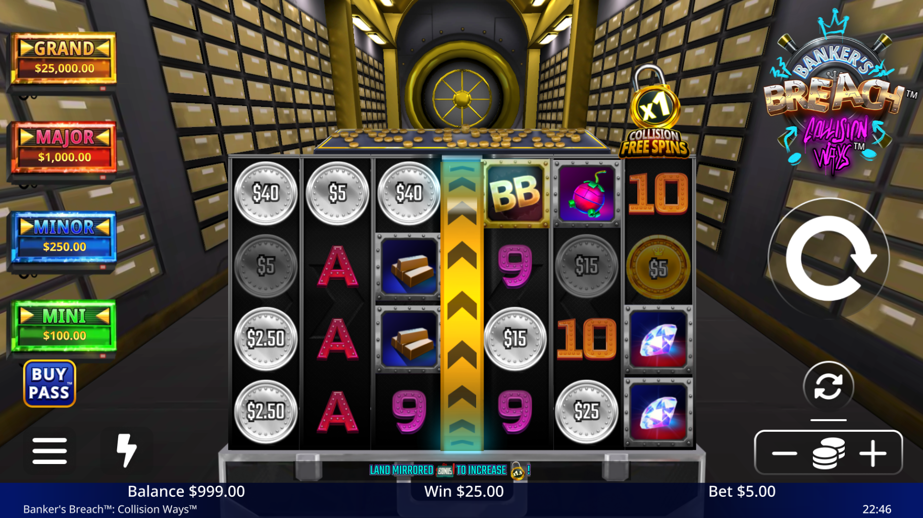 Banker's Breach base game showing 6x4 grid with coins and collision line
