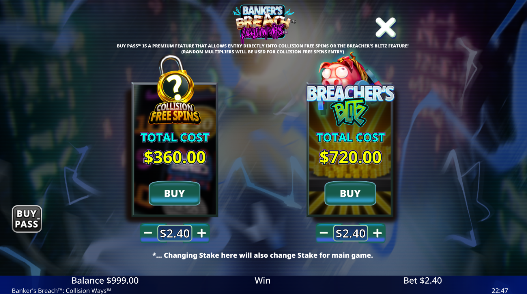Banker's Breach Feature Menu showing Magnetism, Flurry and Amplify options