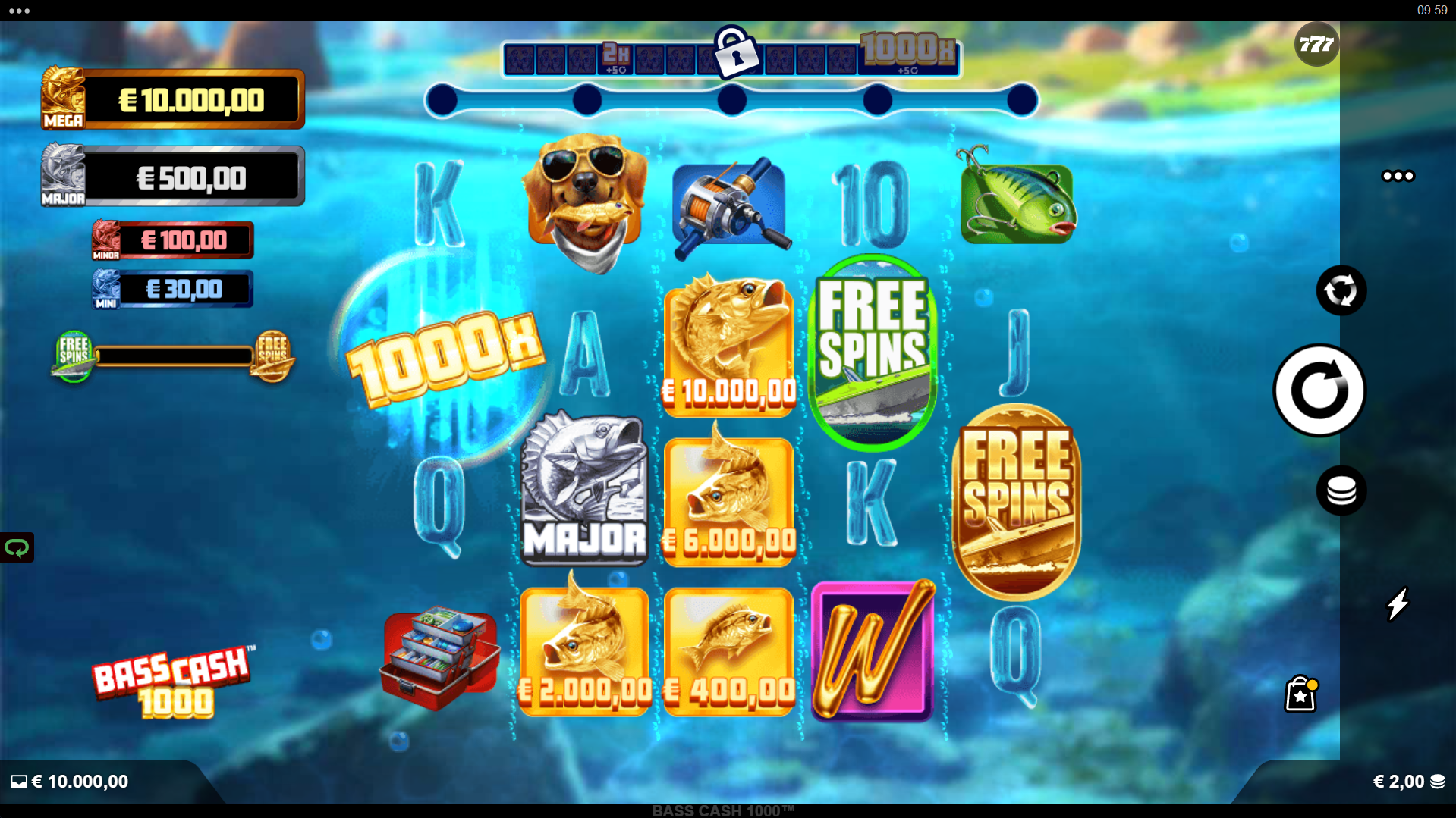 Bass Cash 1000 base game showing 5x4 reel grid with fish cash prize symbols and Fisherman collectors