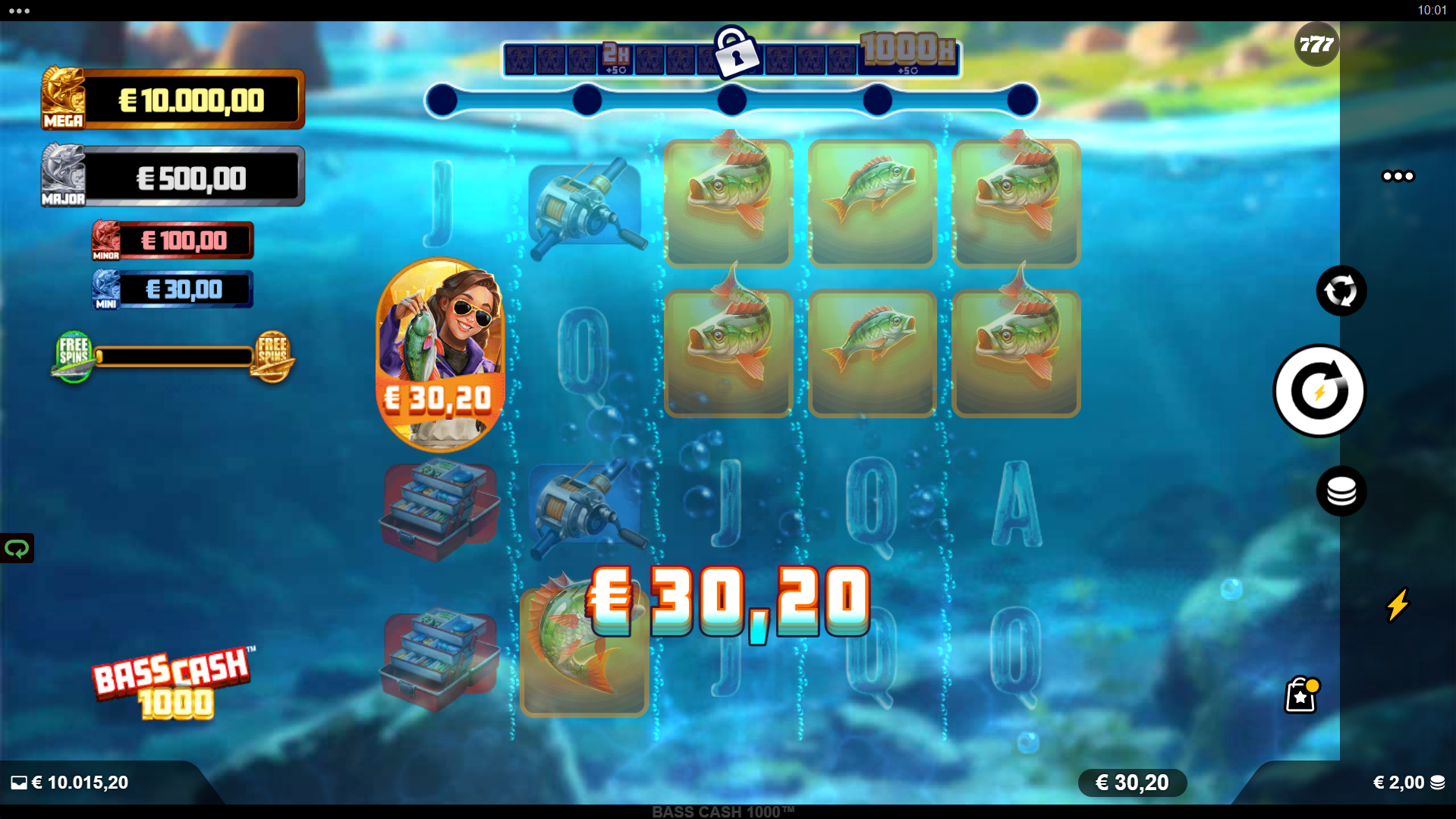 Bass Cash 1000 Cash Collect feature with Fisherman symbols collecting fish prize values