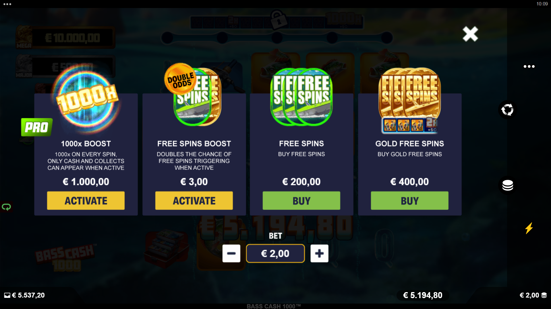 Bass Cash 1000 Feature Buy menu showing Free Spins at 100x and Gold Free Spins at 200x