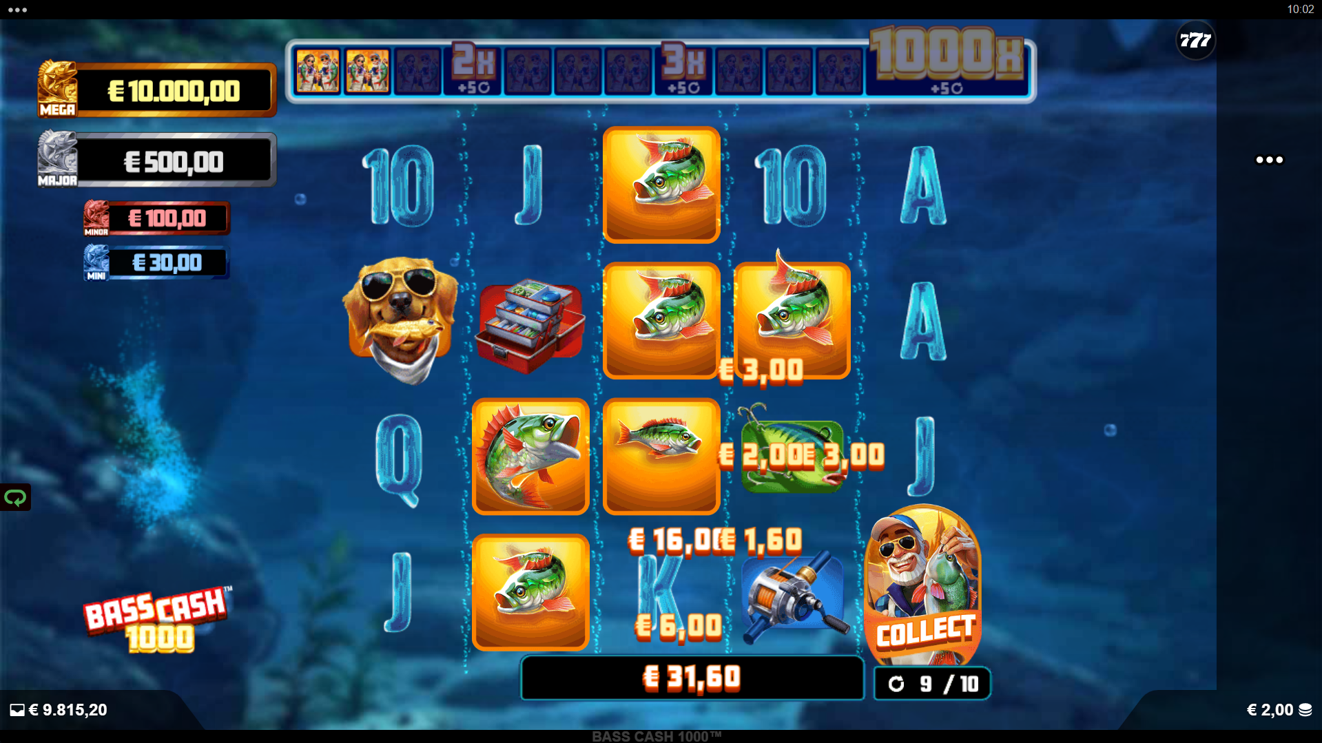 Bass Cash 1000 Free Spins round with Fisherman trail multiplier progression
