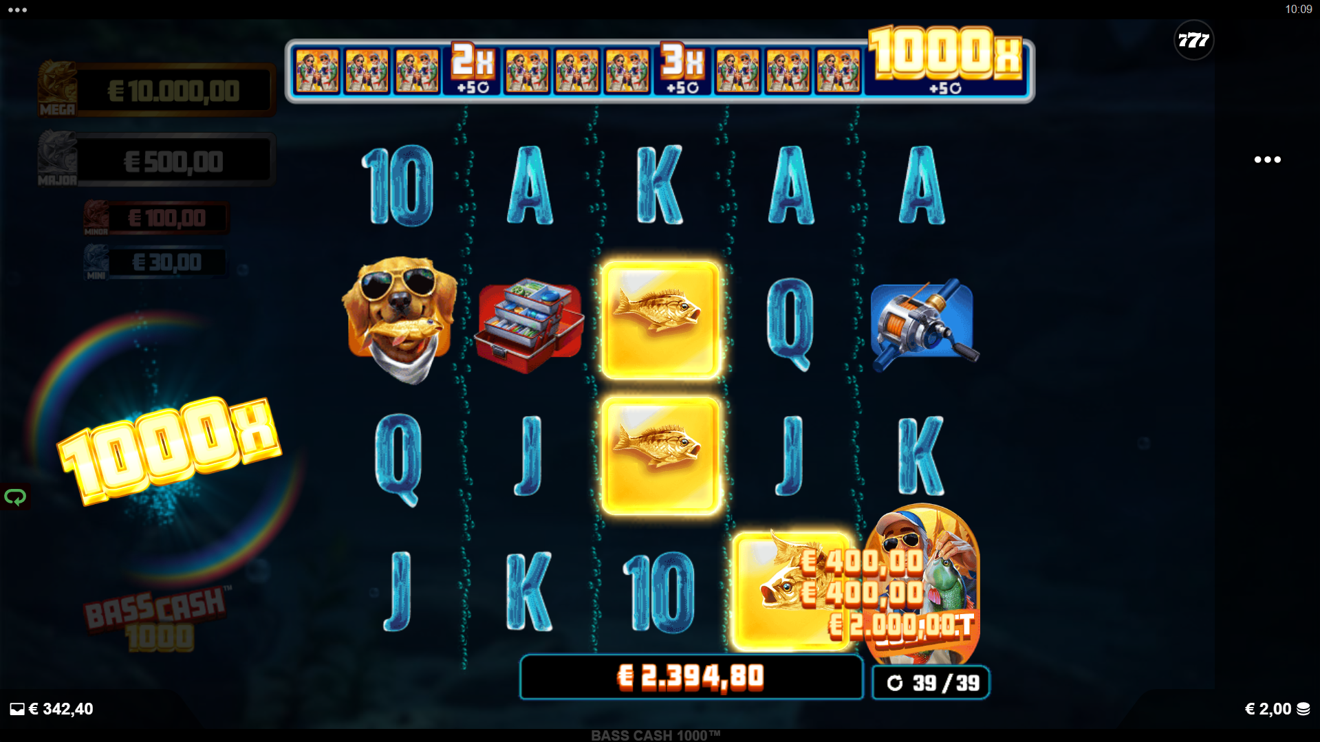 Bass Cash 1000 Gold Free Spins with pre-collected Fisherman symbols and enhanced trail