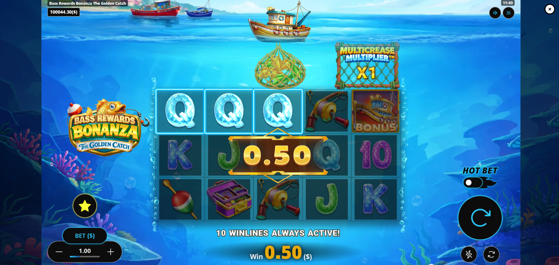 Bass Rewards Bonanza The Golden Catch showing 10 fixed paylines layout