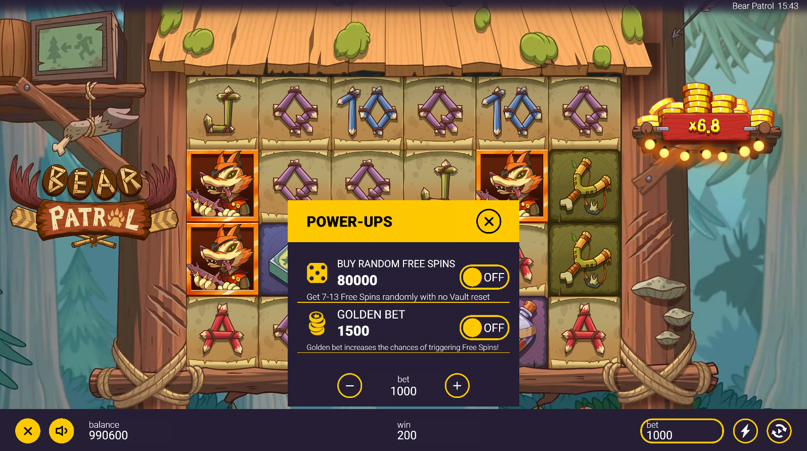 Bear Patrol Bonus Buy options screen