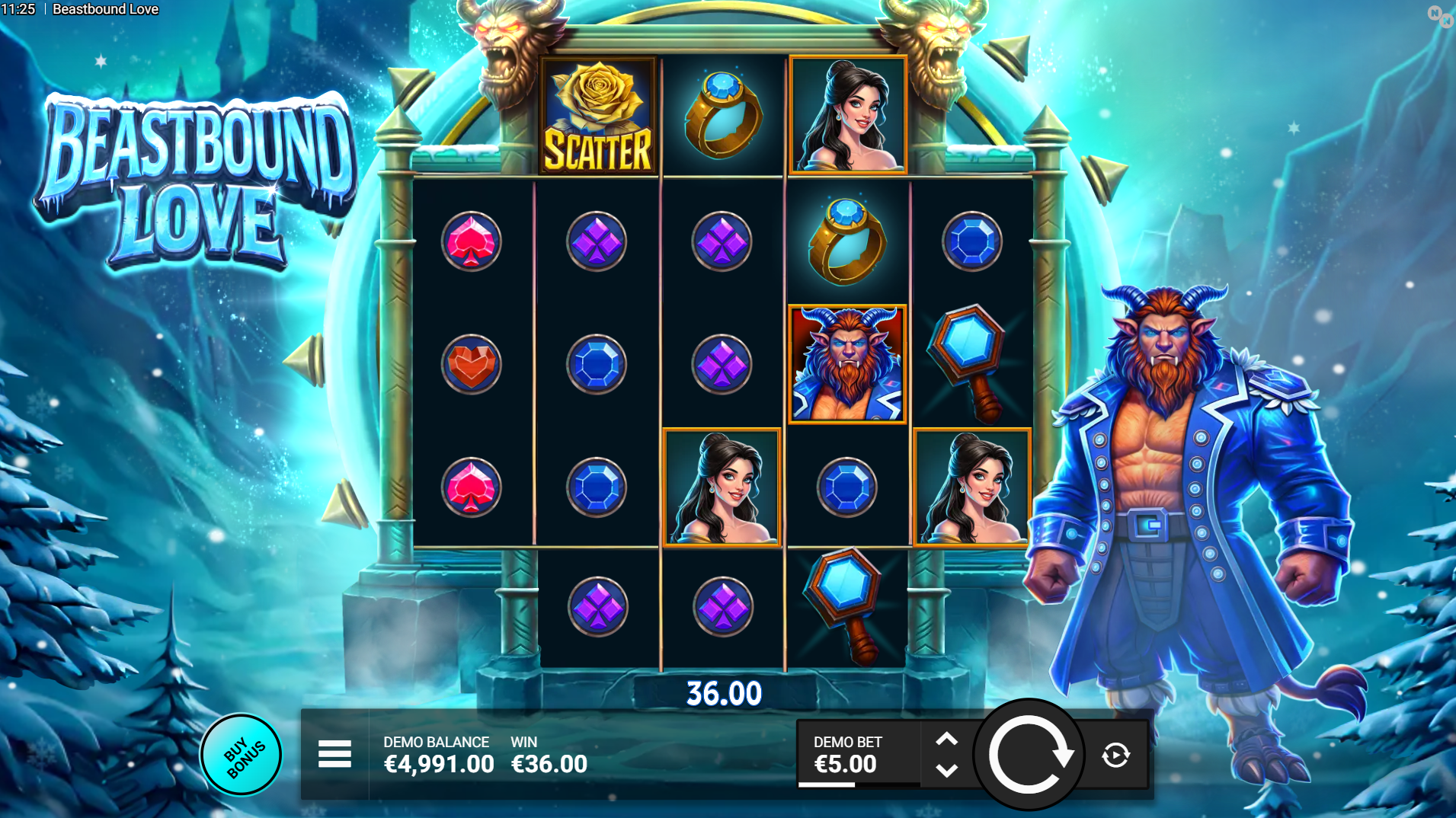 Beastbound Love base game showing 5-reel layout with wildlife and winter romance theme