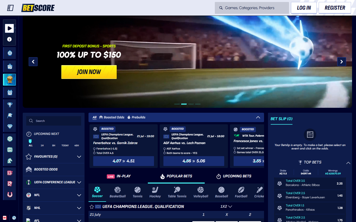 BetScore homepage with a 100% up to $150 first deposit sports bonus banner over a sportsbook betting board