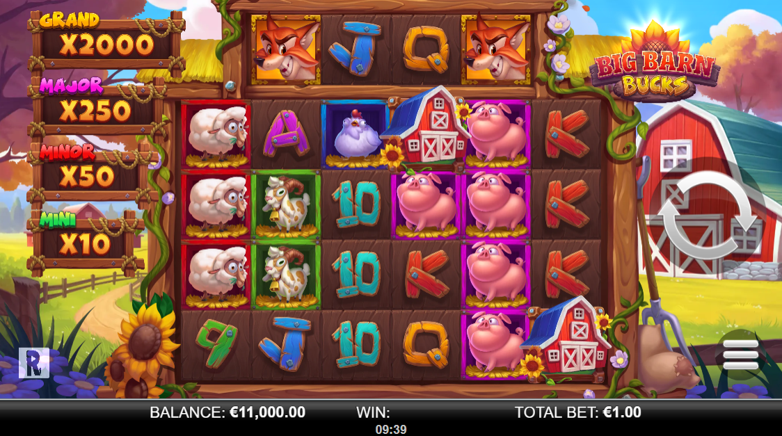 Big Barn Bucks base game showing the farmyard reels with Animal symbols and 10,000 ways to win