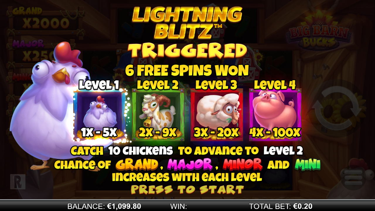 Big Barn Bucks Free Spins information screen showing the four level progression system