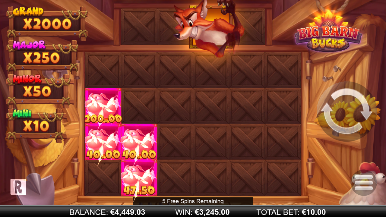 Big Barn Bucks Lightning Blitz Free Spins gameplay with Animal symbols and Fox Wild