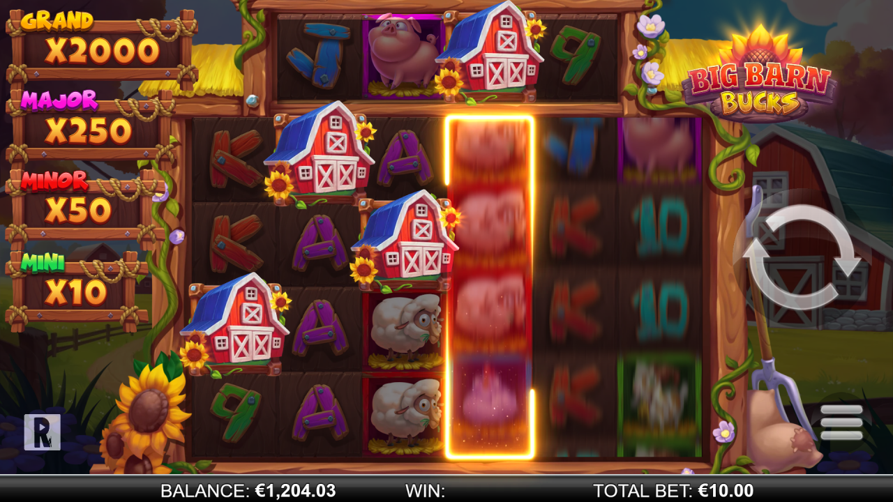 Big Barn Bucks Lightning Blitz Free Spins trigger screen showing Scatter symbols landing