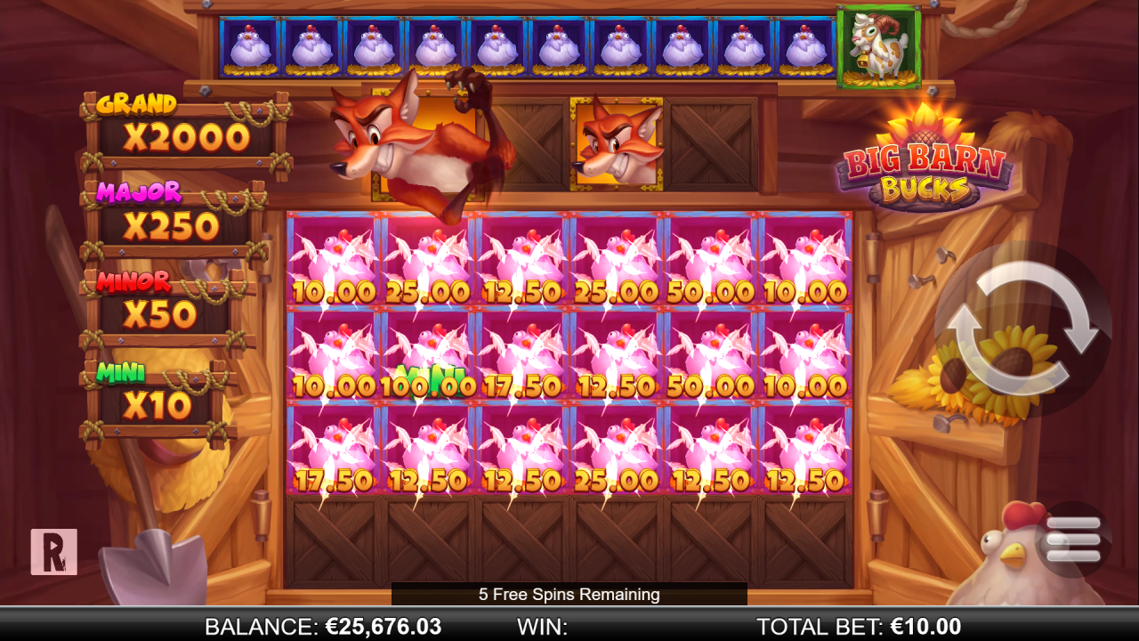 Big Barn Bucks Free Spins level upgrade feature showing progression from Chicken through to Pig