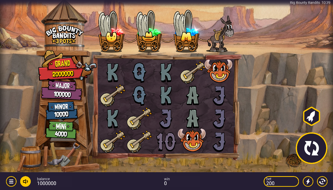 Big Bounty Bandits 3 Pots base game showing 5x4 grid with coin symbols