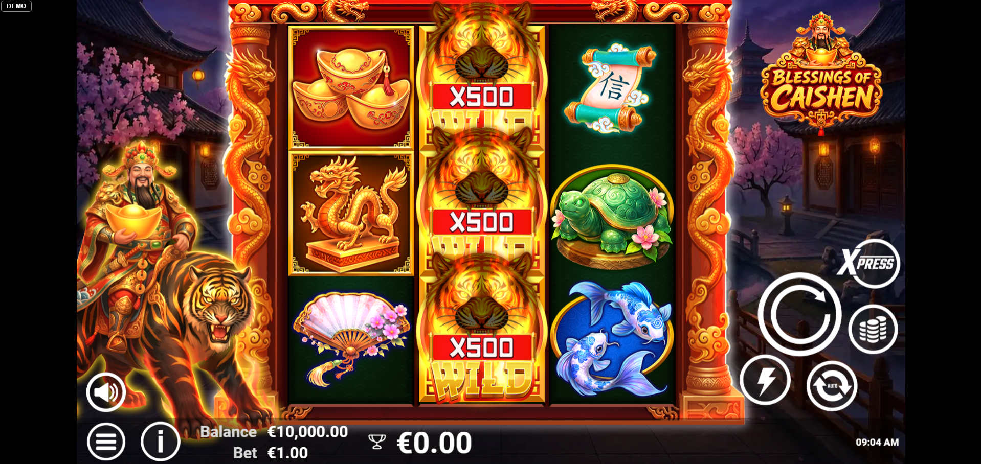 Blessings of Caishen base game showing 3-reel layout with multiplier wilds and Chinese mythology symbols
