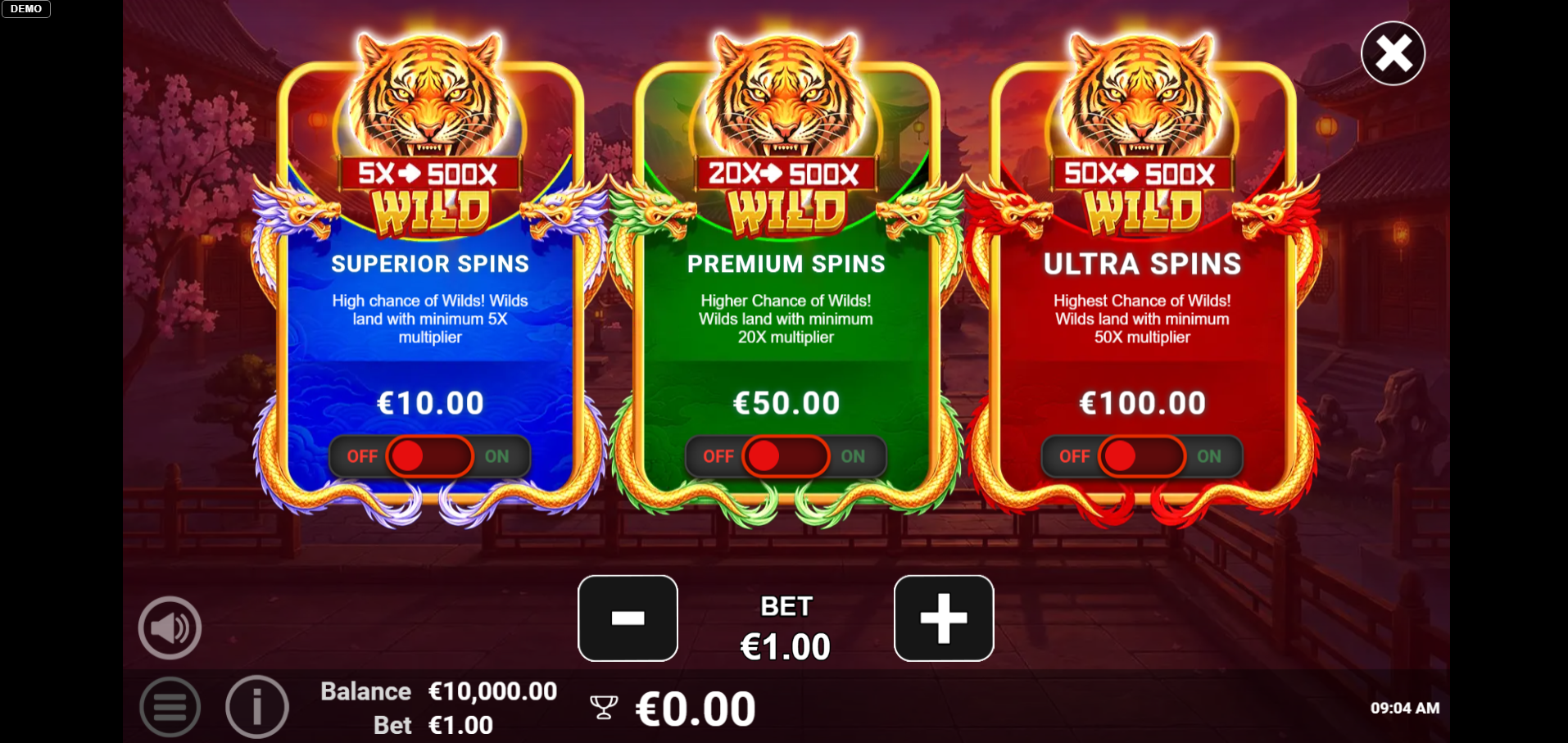 Blessings of Caishen bonus buy screen showing Superior Spins, Premium Spins and Ultra Spins options