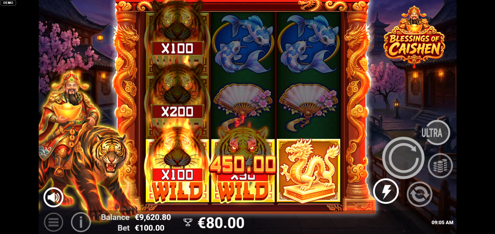 Blessings of Caishen multiplier wild symbols showing x100 and x200 values during a win