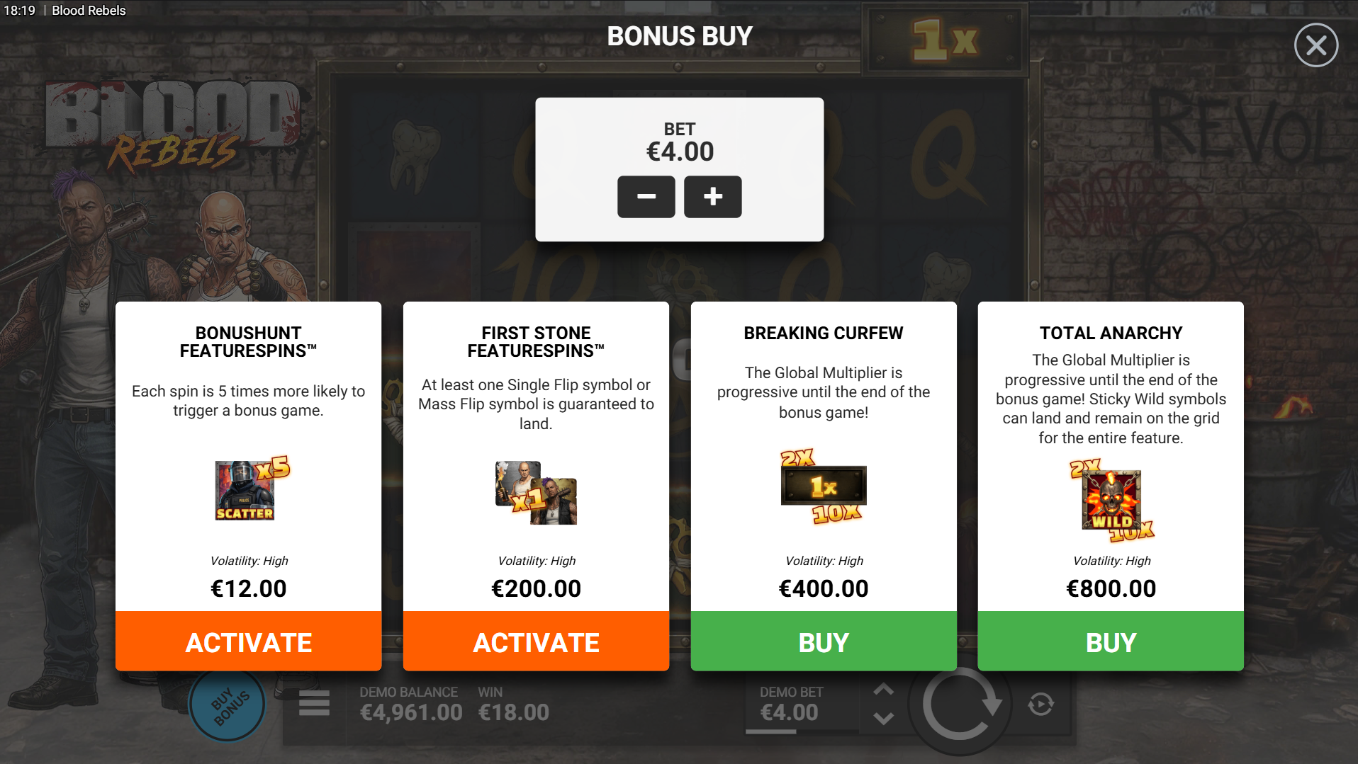 Blood Rebels bonus buy options showing four purchase tiers from 3x to 200x stake