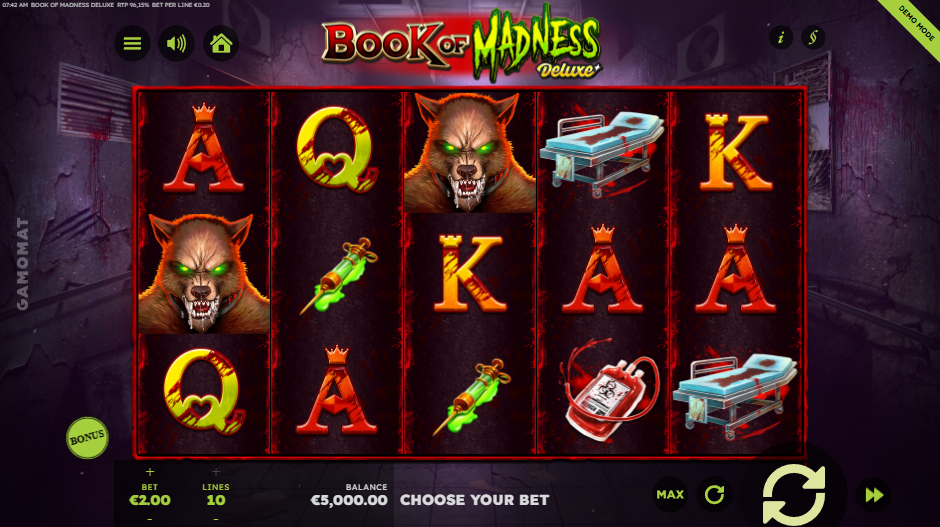 Book of Madness Deluxe base game screenshot showing 5x3 reel grid