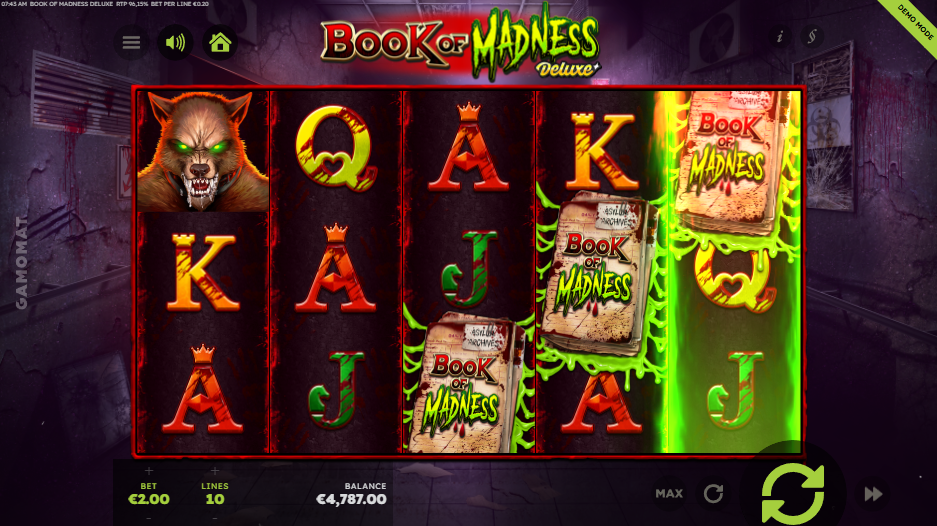 Book of Madness Deluxe free spins trigger showing 3 or more scatter symbols