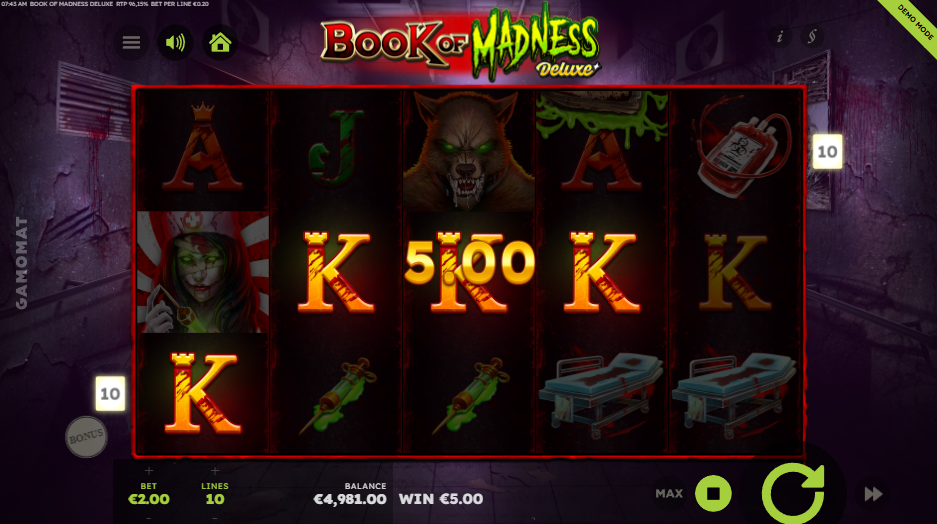 Book of Madness Deluxe payline structure showing 10 paylines