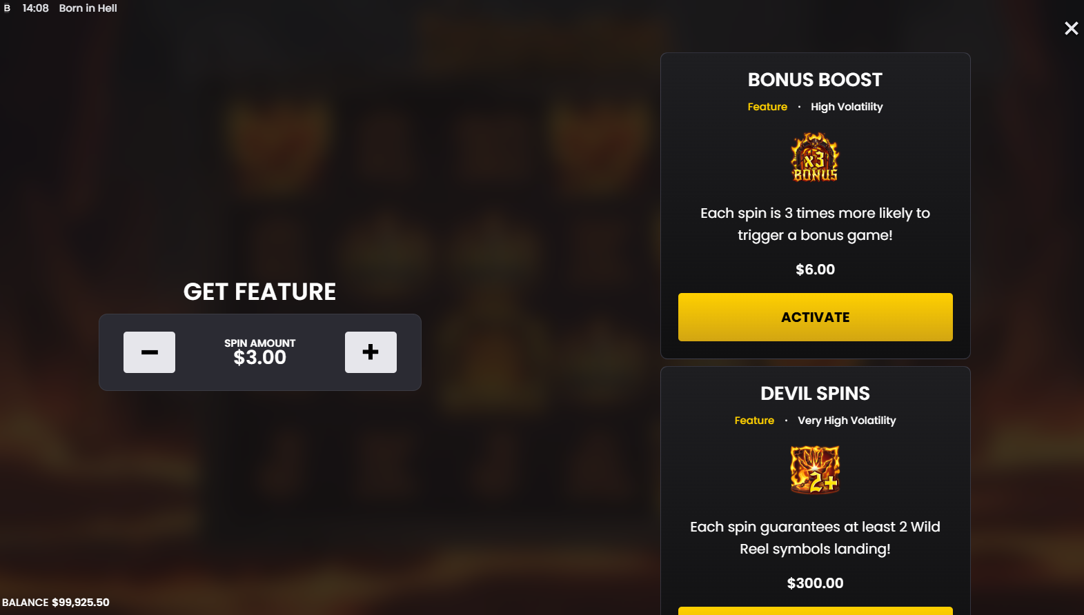 Born In Hell bonus buy options showing Bonus Boost and Devil Spins costs