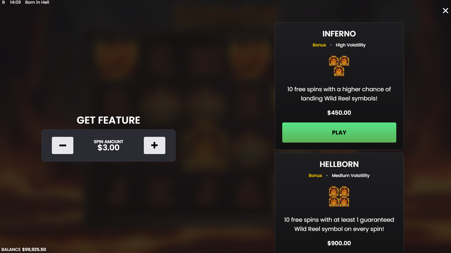 Born In Hell bonus buy options showing Inferno and Hellborn costs