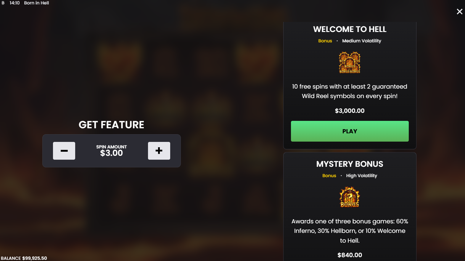 Born In Hell bonus buy options showing Welcome to Hell and Mystery Bonus costs