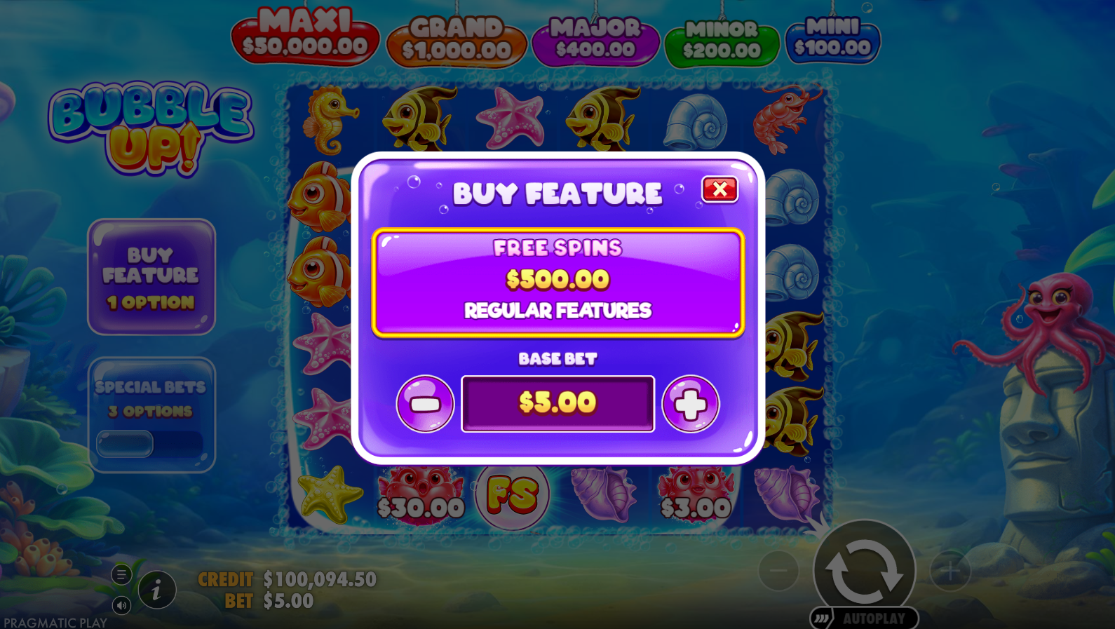 Bubble Up! bonus buy option screen