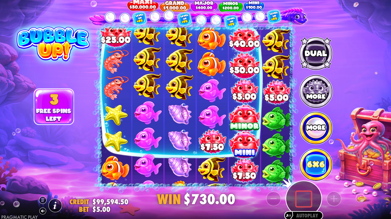 Bubble Up! bonus game and jackpots screen